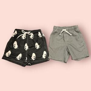 Lot of 2 Boys 3T Swim Trunks Gray Stripes Black Ghost Swimsuit Toddler Shorts